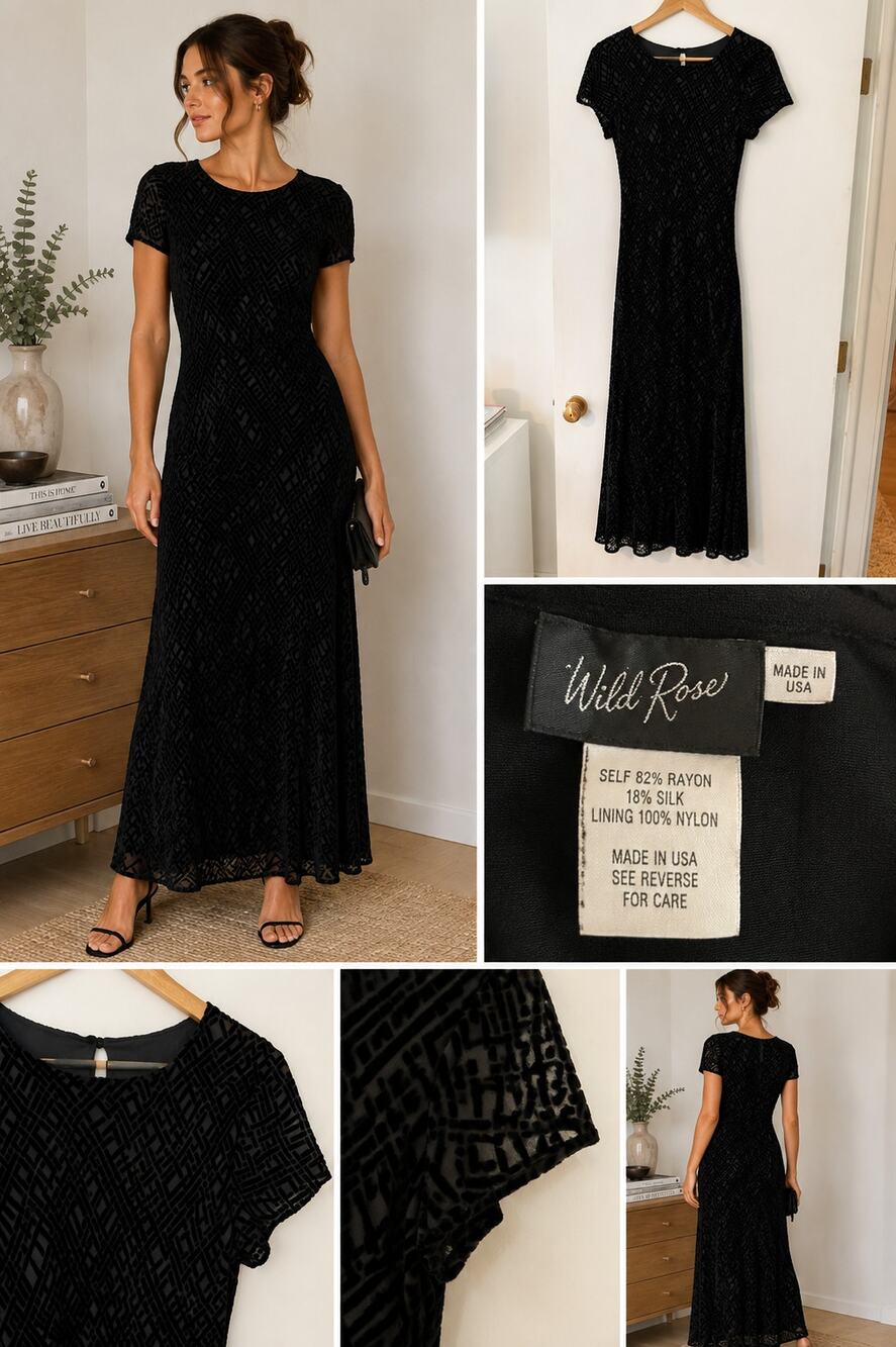 Vintage Wild Rose Black Burnout Velvet Maxi Dress Made in USA ✨
